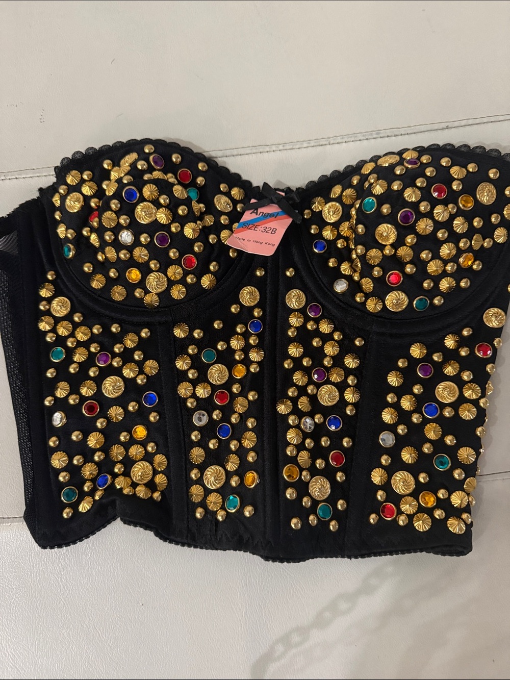Vintage Black Studded Corset Top with Gold and Multicolor Gems 32b